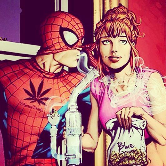 Marijuana Packaging Solution-Weed Art-Spiderman Getting High and Falling in Love