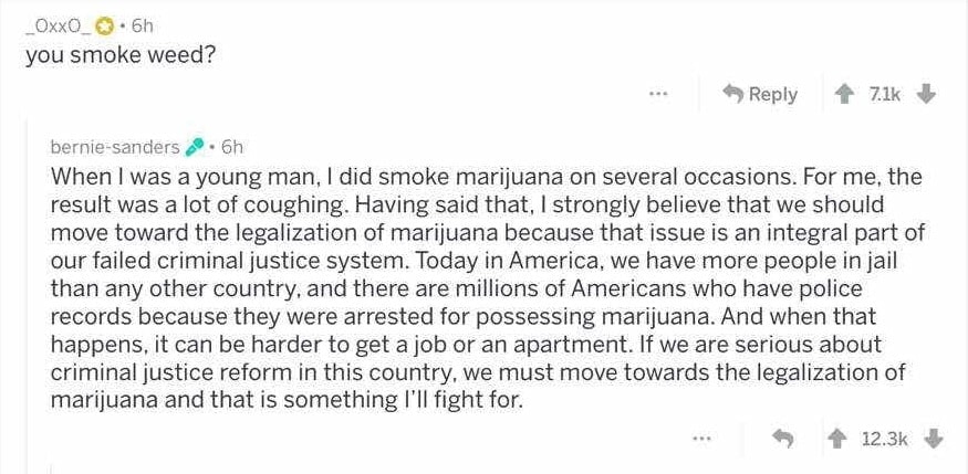 Senator Bernie Sanders supports marijuana legalization