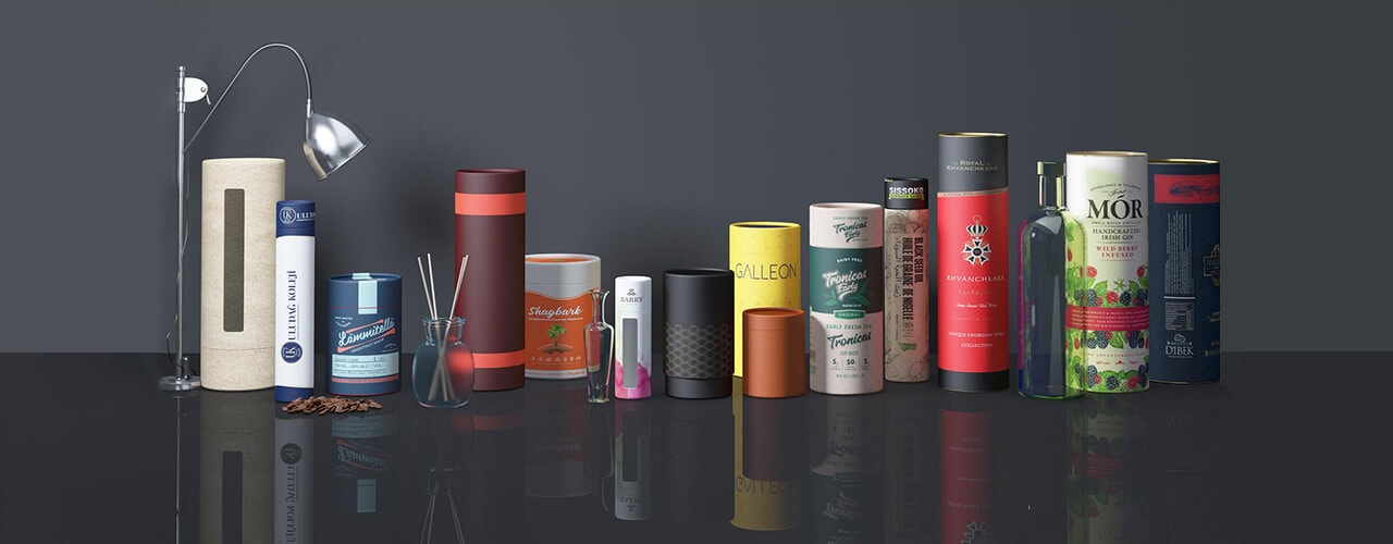 different sizes and printing paper tubes displaying on a table showing flexible paper tube packaging solutions