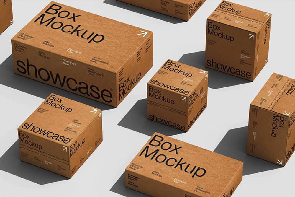 A collection of various custom kraft boxes featuring different sizes and designs, all with clear branding for visibility.