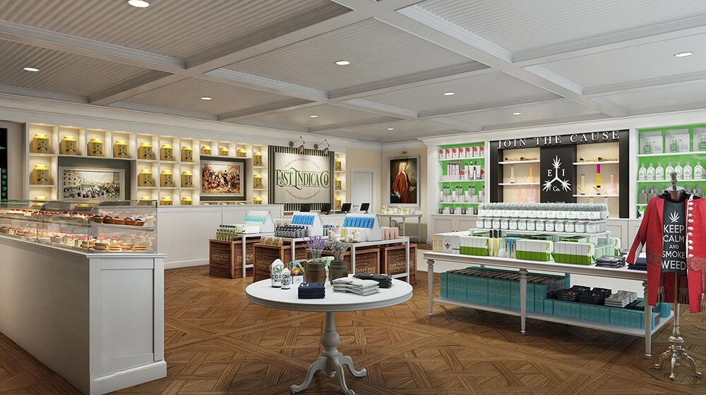 Interior of a modern cannabis dispensary with premium product displays