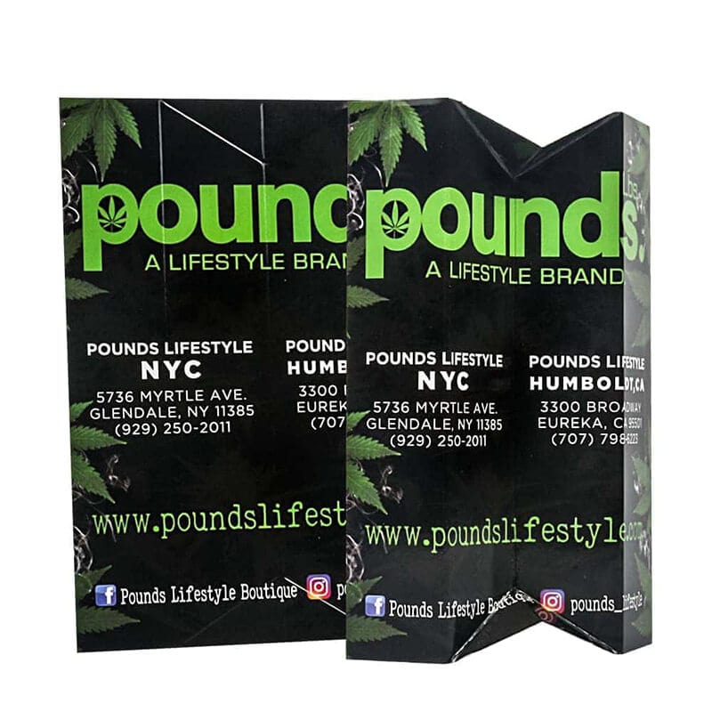 Custom black dispensary packaging with green cannabis branding for Pounds Lifestyle