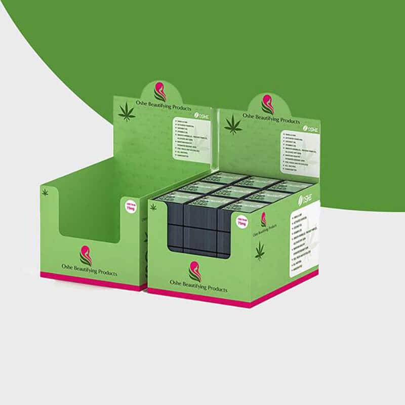 Green cannabis-themed retail display box packaging for beauty products