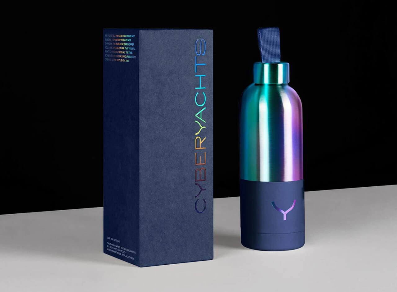 a black kraft box with holographic foiling