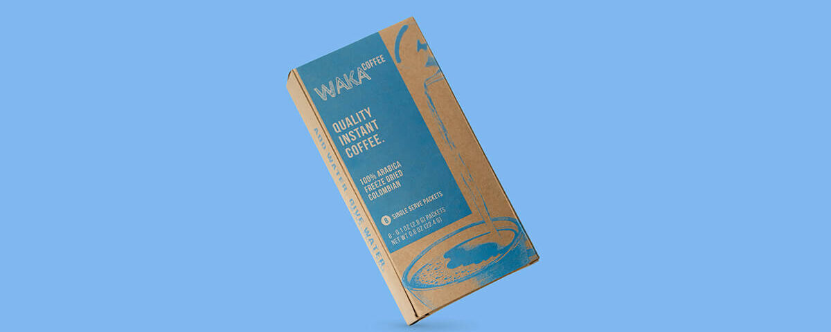 Kraft paper packaging box for Waka instant coffee with minimalist blue design