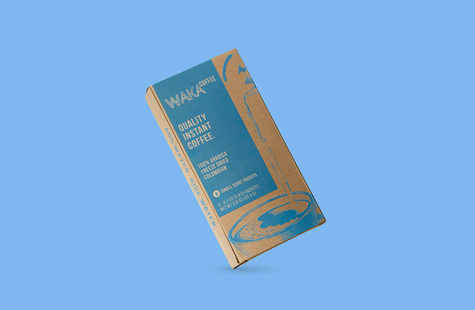 Kraft paper packaging box for Waka instant coffee with minimalist blue design