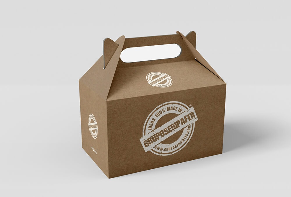 Kraft paper box packaging with die-cut handle and white branding stamp