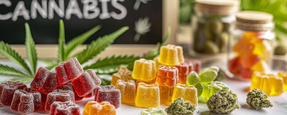 Assorted THCP gummies with cannabis buds and leaf on a marble surface