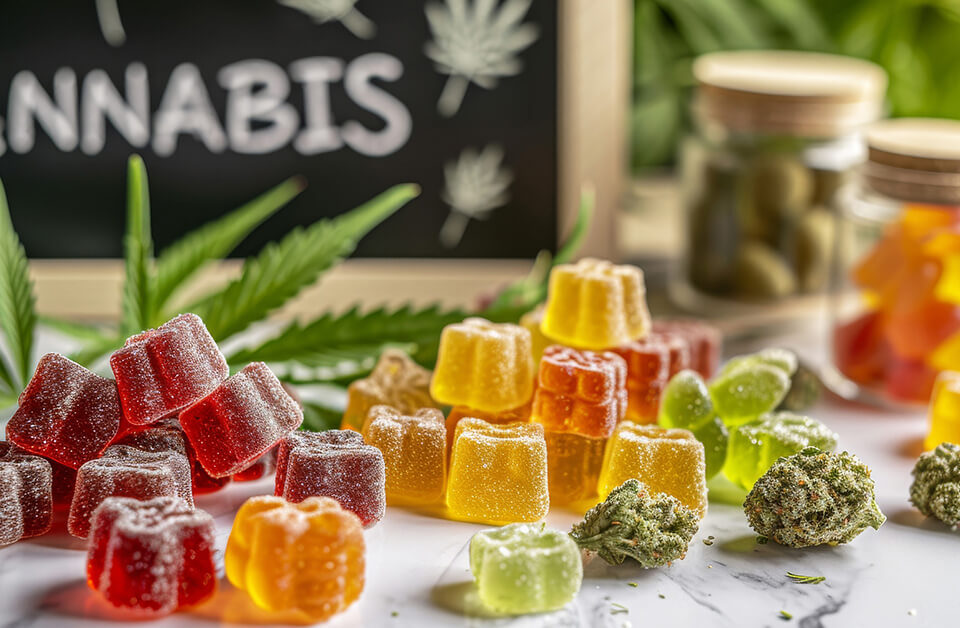 Assorted THCP gummies with cannabis buds and leaf on a marble surface