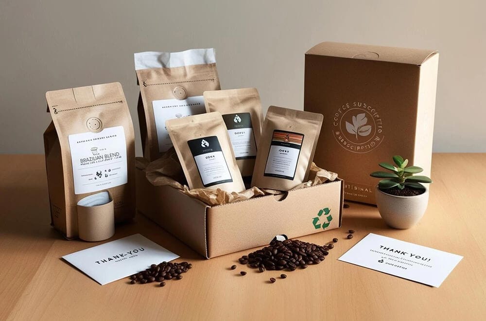 a lot of mylar bags made of brown kraft paper, and a brown kraft paper box