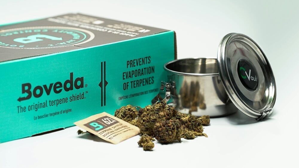 Cannabis storage with Boveda terpene shield and CVault container