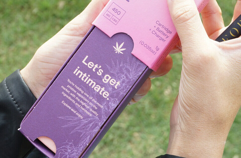 Feoria cannabis vape cartridge box with child-resistant slider used for cannabis concentrate packaging