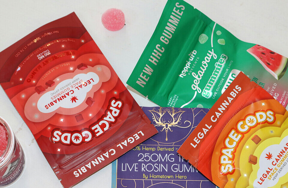 cannabis edible packaging bags with some candies on side