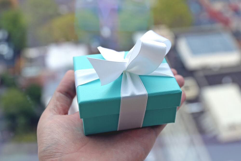 Hand holding blue gift box with white ribbon over city background