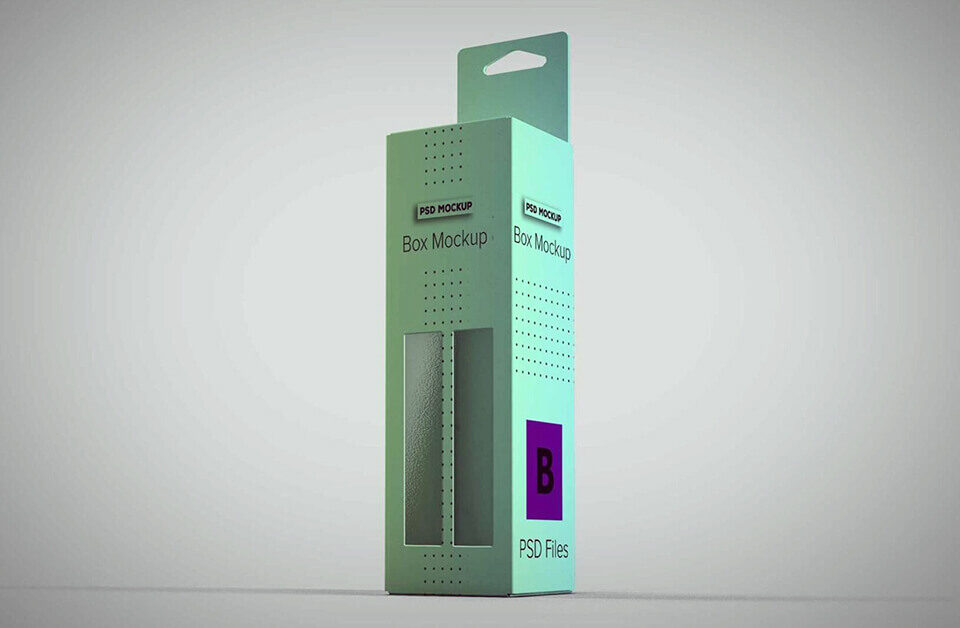 Green rectangular window box packaging mockup with hang tab