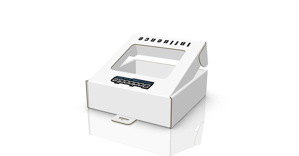 Compact white cardboard packaging box with window and handle