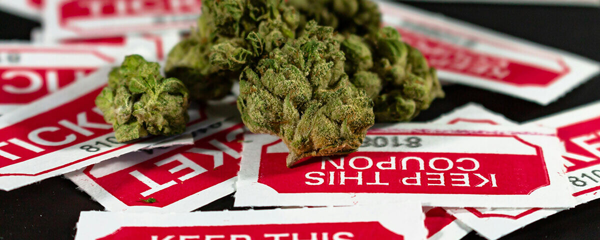 Cannabis buds on top of medical marijuana labels with "KEEP THIS COUPON" text