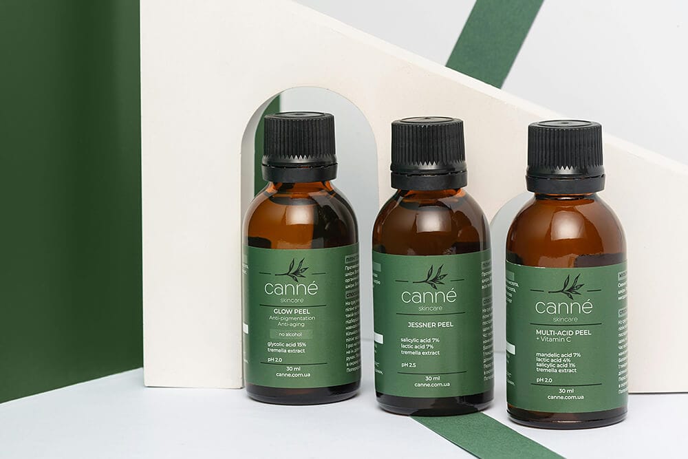 Set of Canné skincare peel bottles in custom green packaging.