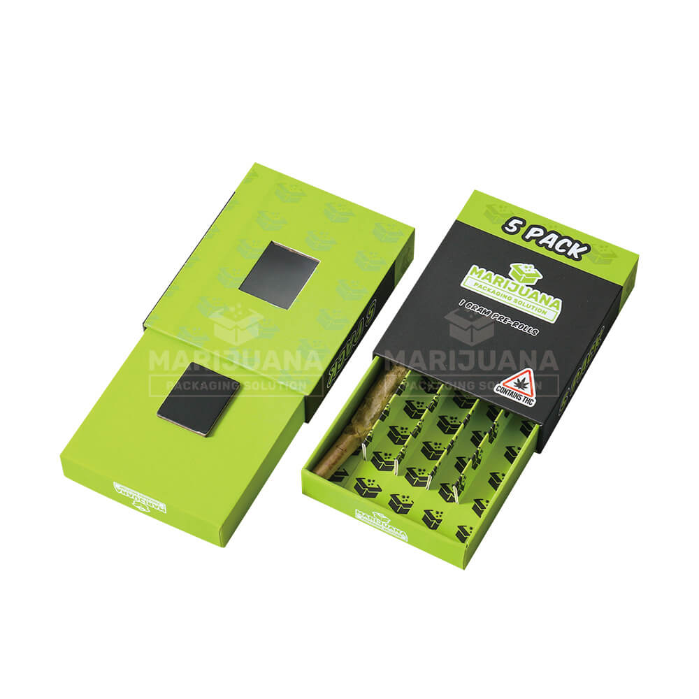 Open 5-pack green pre roll boxes with cardboard divider and pre rolls inside