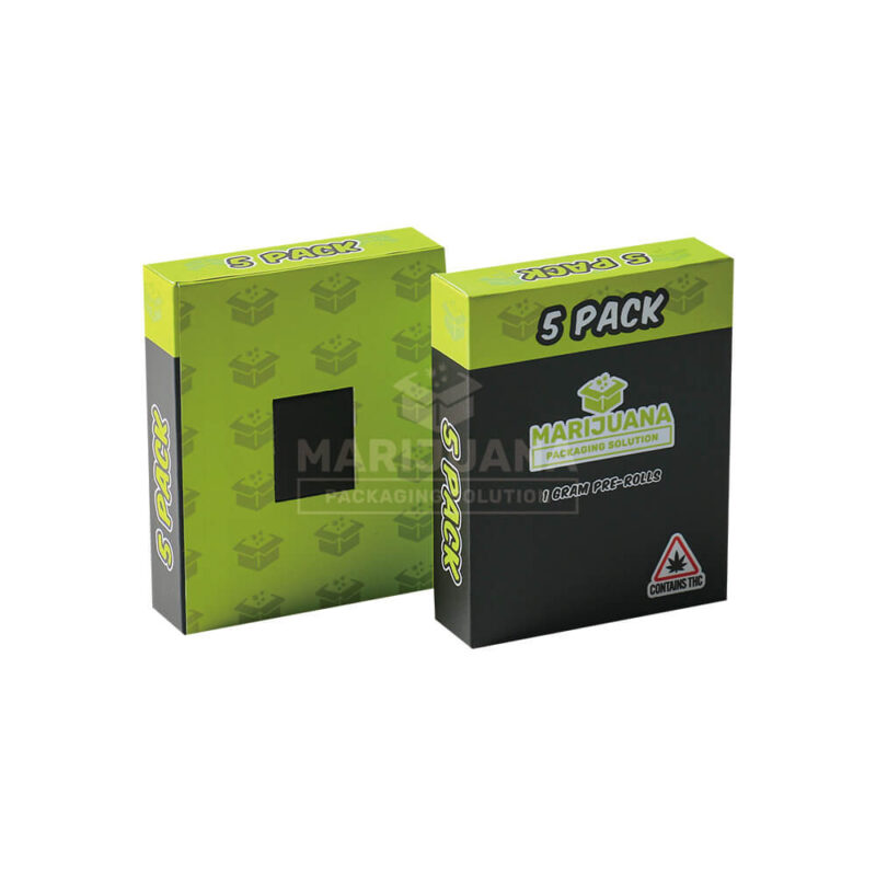 Closed black and green 5-pack pre roll boxes with marijuana packaging logo