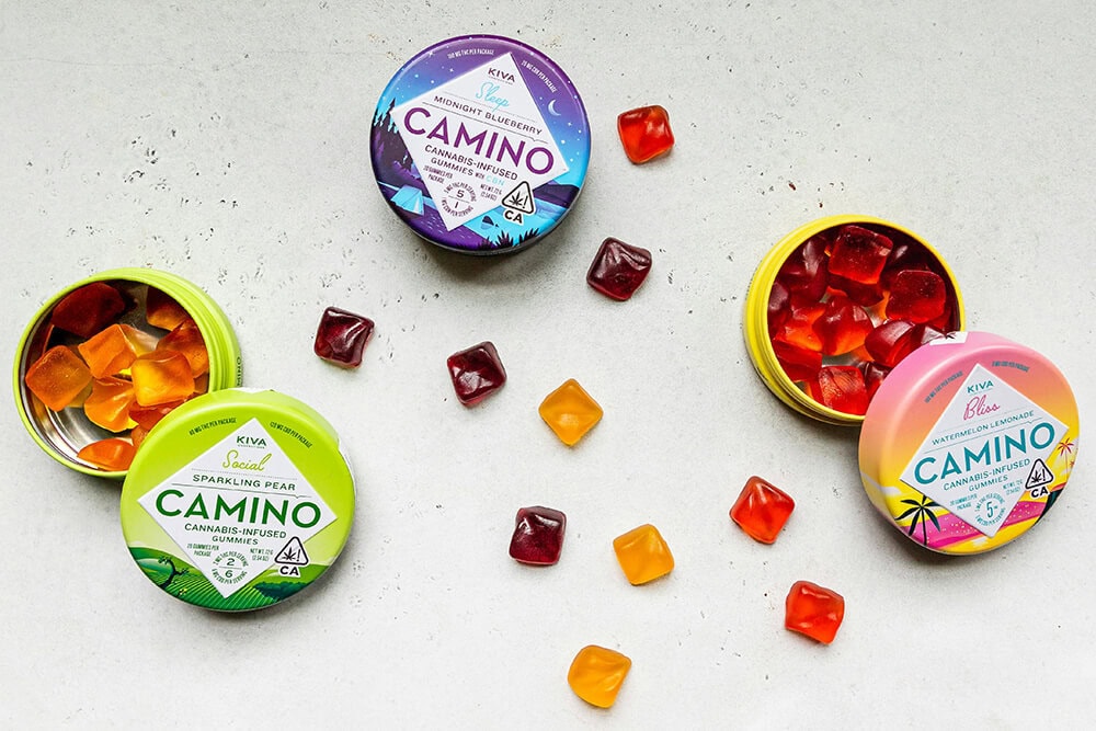 Kiva Camino cannabis infused candies in assorted tins with gummies