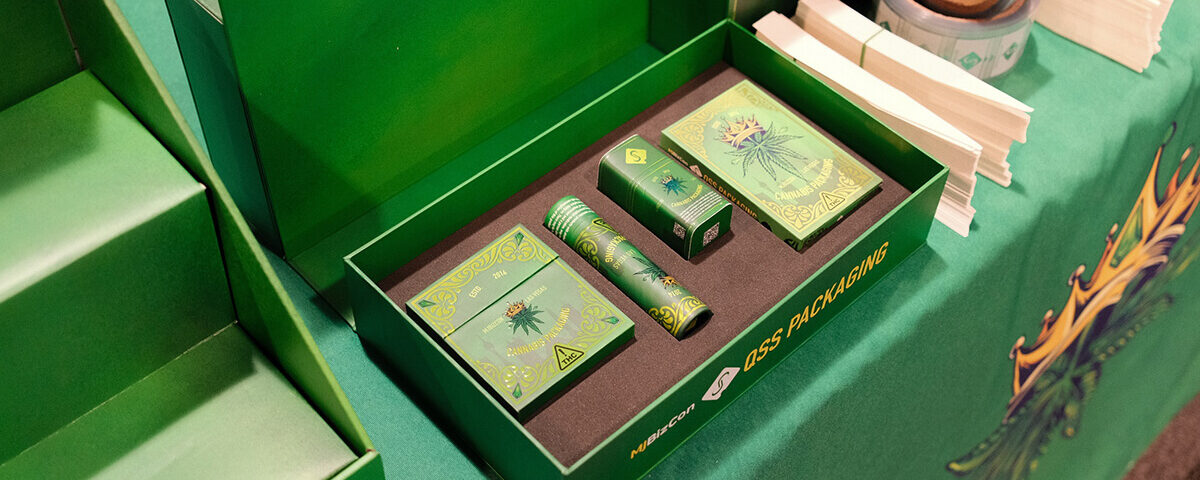 Custom cardboard packaging set in green cardboard box with branded inserts.