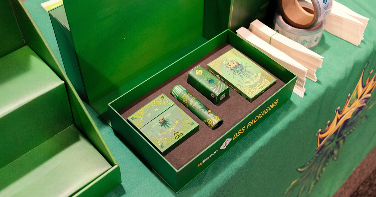 Custom cardboard packaging set in green cardboard box with branded inserts.