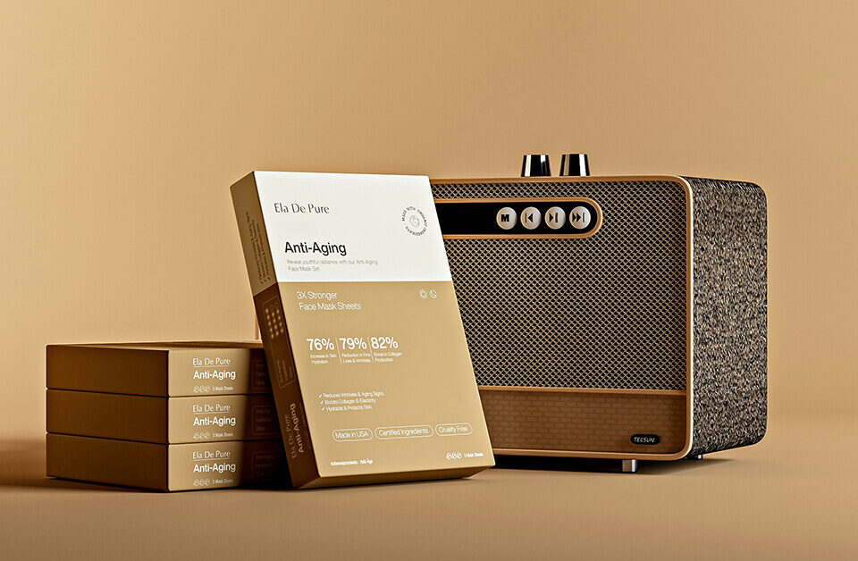 Minimalist packaging anti-aging face mask design in beige and white tones.