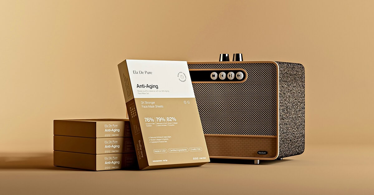 Minimalist packaging anti-aging face mask design in beige and white tones.