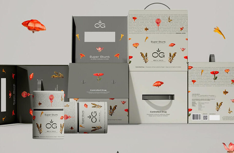 Premium rigid set up boxes for OG Super Skunk cannabis flower packaging.