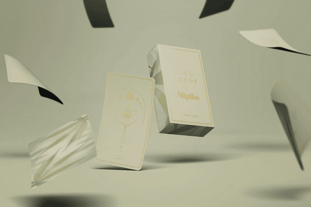 Luxury rigid set up box packaging for Soul Cards tarot deck with floating cards.