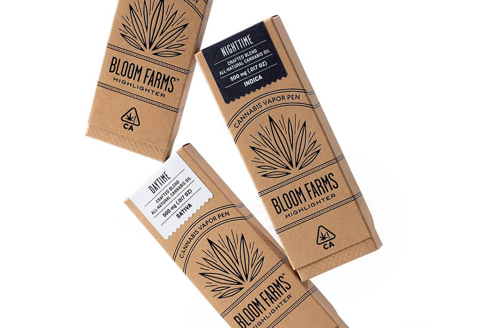 Eco-friendly kraft rigid set up boxes for Bloom Farms cannabis vapor pens.