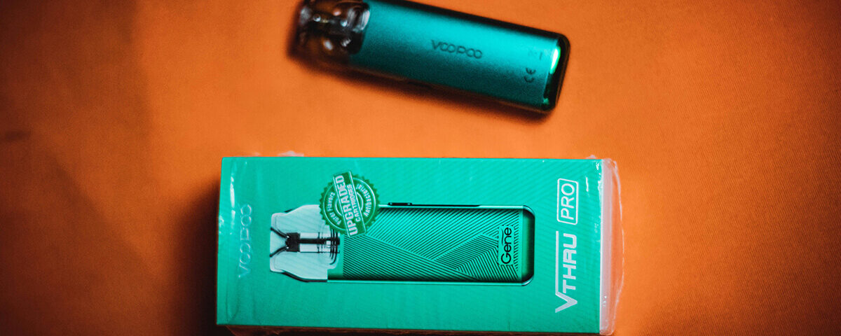 VooPoo VTHAU Pro cannabis vape packaging device with its vibrant green packaging design for premium vape packaging.