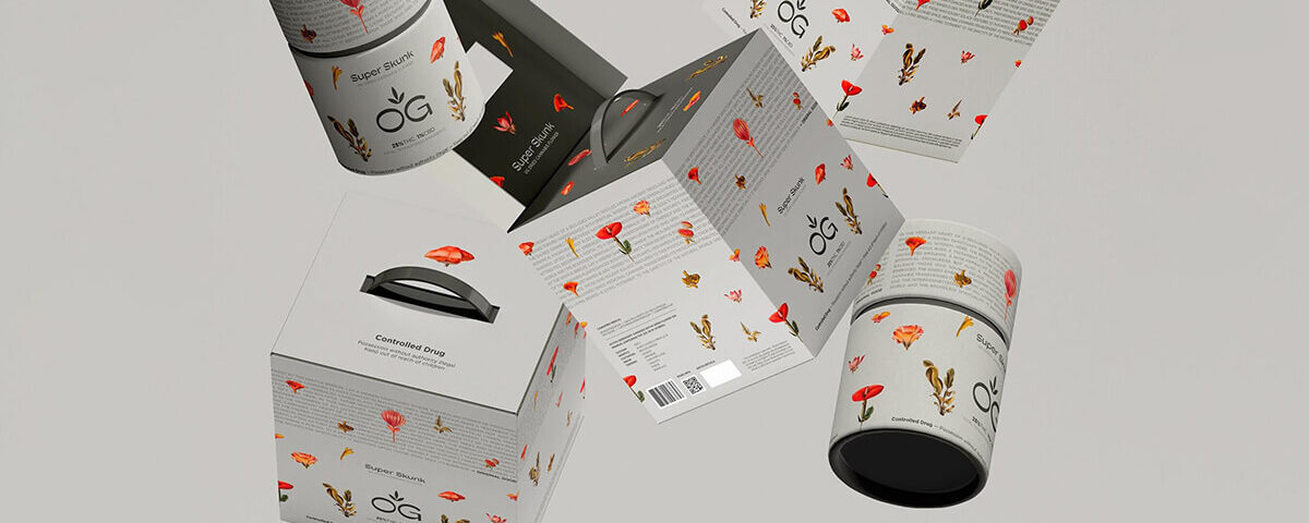 Luxury cardboard box design ideas featuring OG Super Skunk cannabis packaging with floral patterns and premium matte finish.
