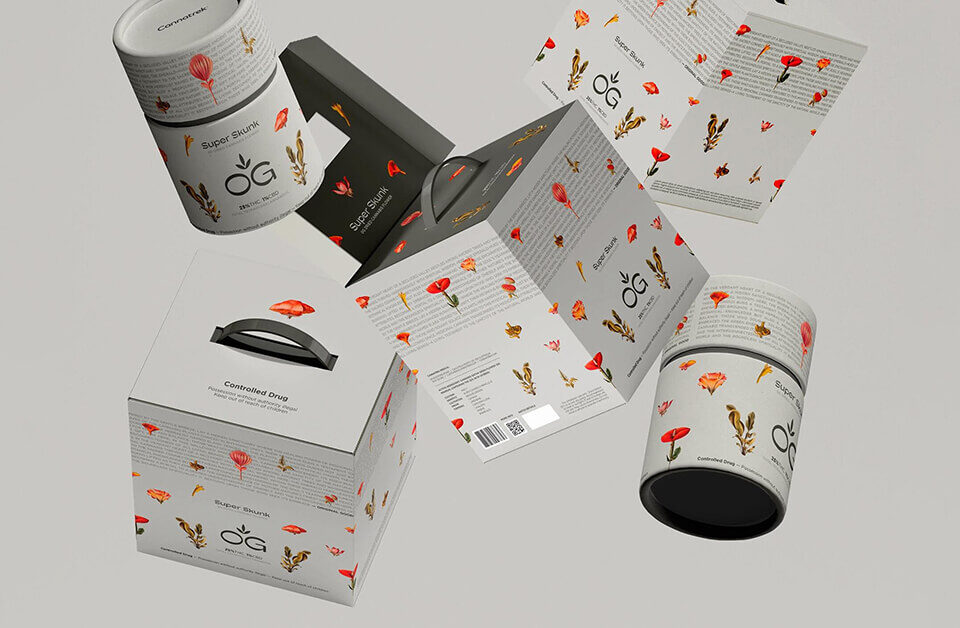 Luxury cardboard box design ideas featuring OG Super Skunk cannabis packaging with floral patterns and premium matte finish.