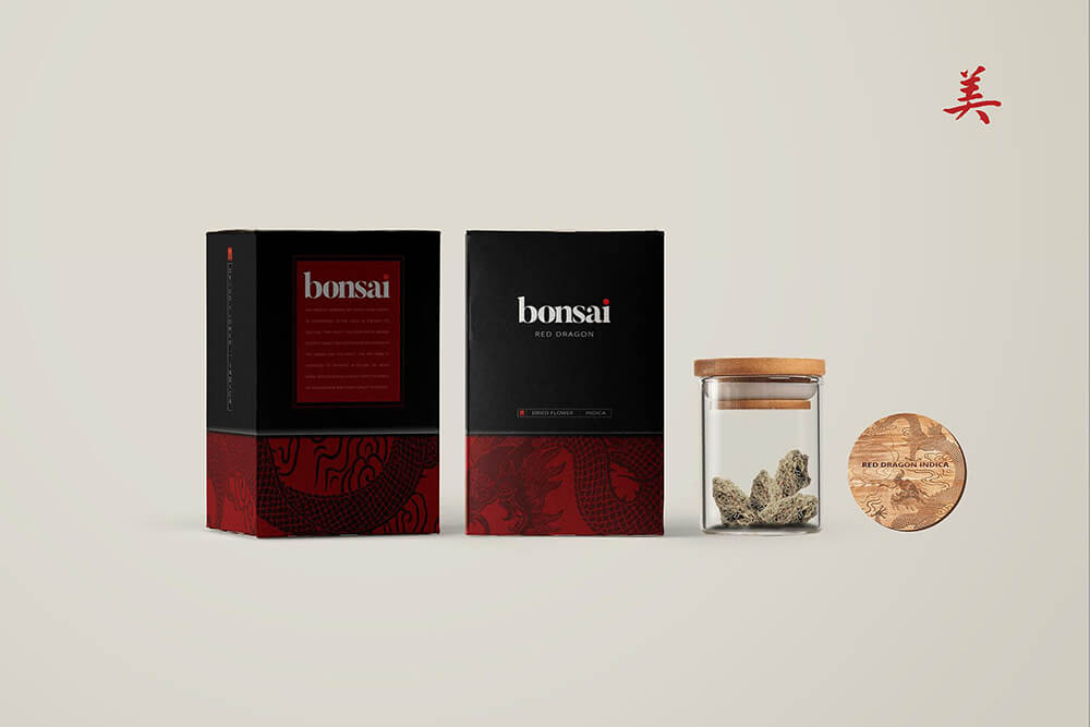 Luxury cannabis cardboard packaging design for Bonsai Red Dragon with minimalist black and red color palette.
