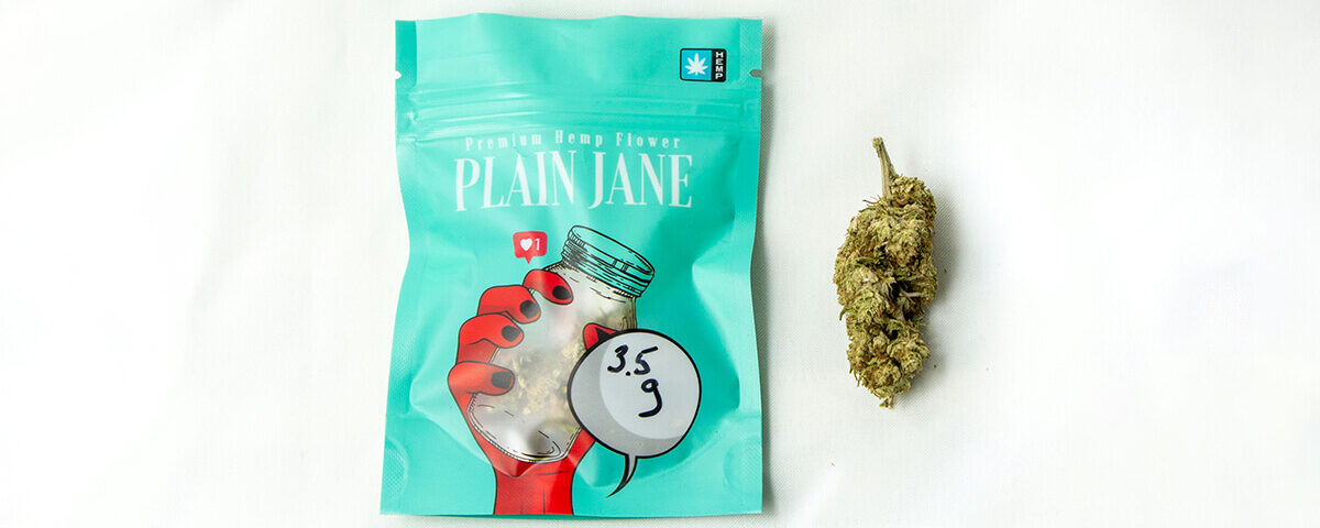 Child-resistant custom packaging supplies cannabis pouch with premium hemp flower packaging design labeled “Plain Jane.”