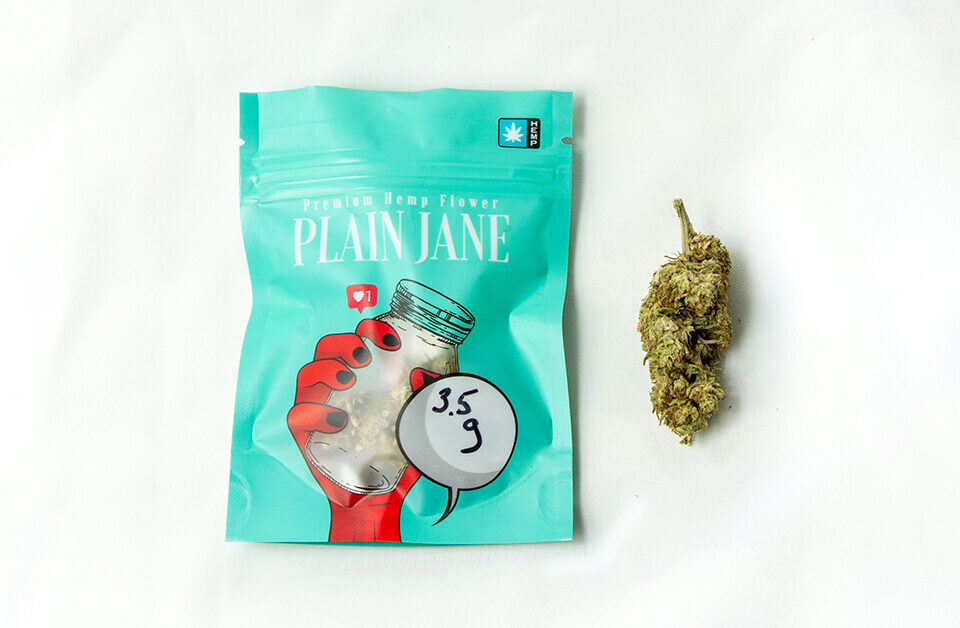 Child-resistant custom packaging supplies cannabis pouch with premium hemp flower packaging design labeled “Plain Jane.”