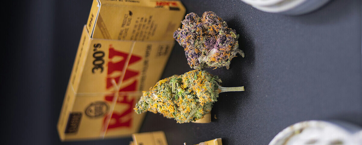 Two cannabis buds displayed beside branded drawer box packaging on a dark surface.