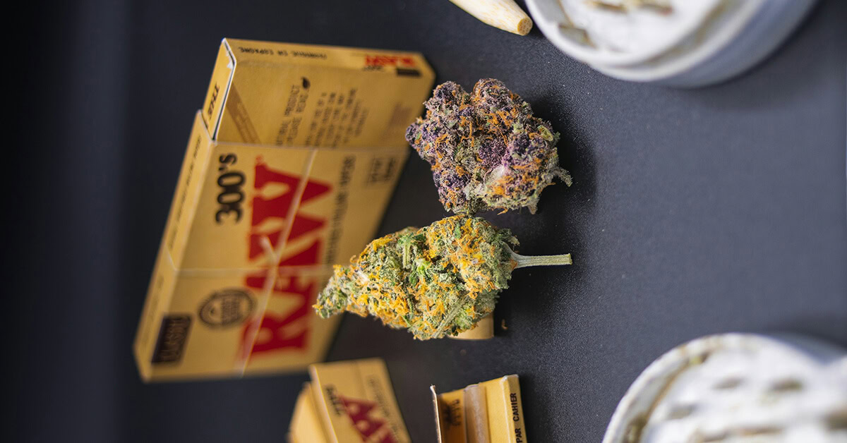 Two cannabis buds displayed beside branded drawer box packaging on a dark surface.