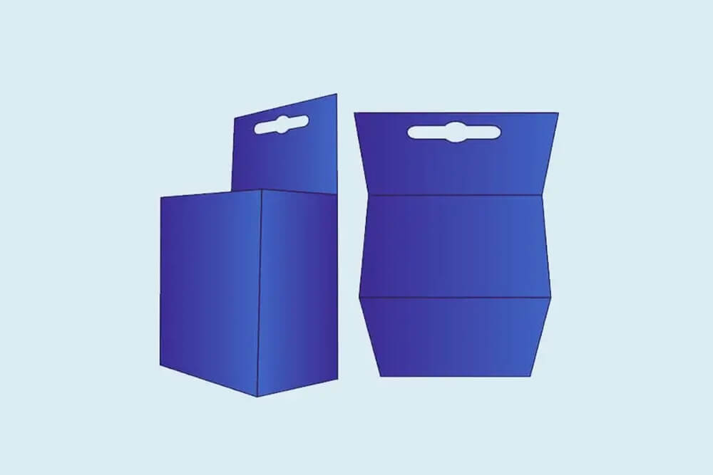 Flat and assembled blue hanger box design template for retail packaging