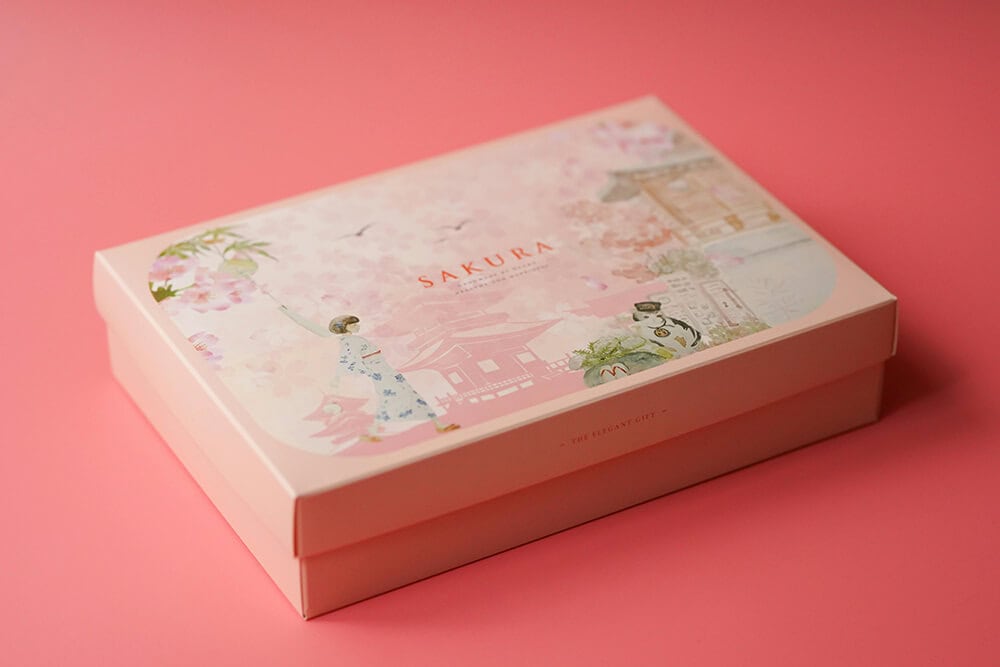 A beautifully designed gift box with lid featuring pink sakura flower artwork, ideal for gifting luxury items with a cultural touch.