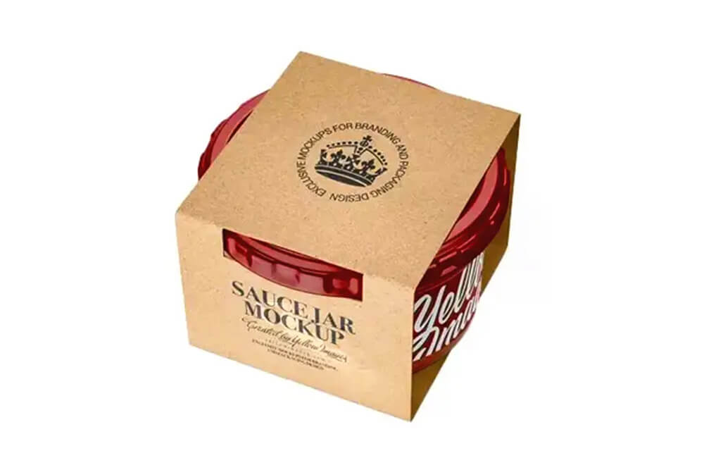 Kraft cardboard sleeve packaging for glass sauce jar with printed logo design