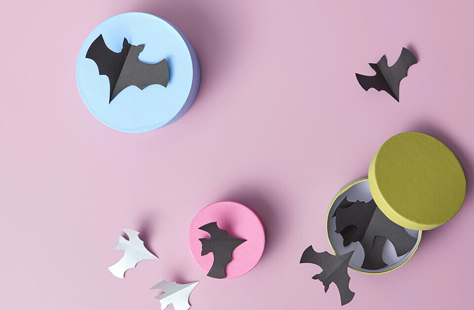 Creative box design ideas: Halloween-themed with colorful lids and paper bats on a pink background.