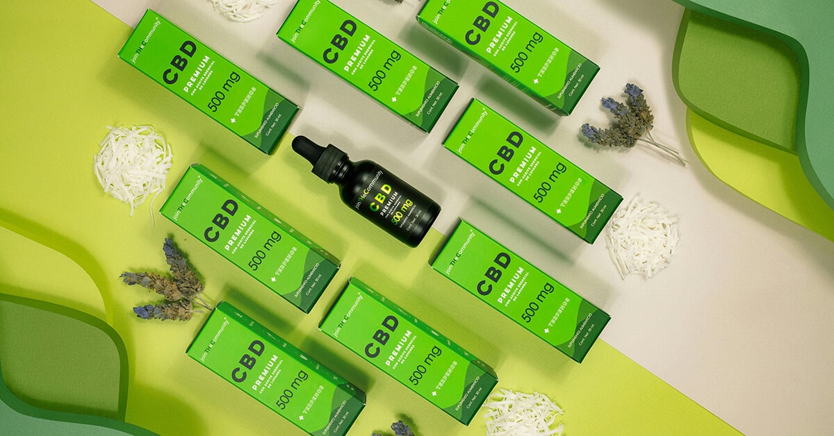 Environmentally friendly packaging for CBD products using green paper boxes and recyclable materials.