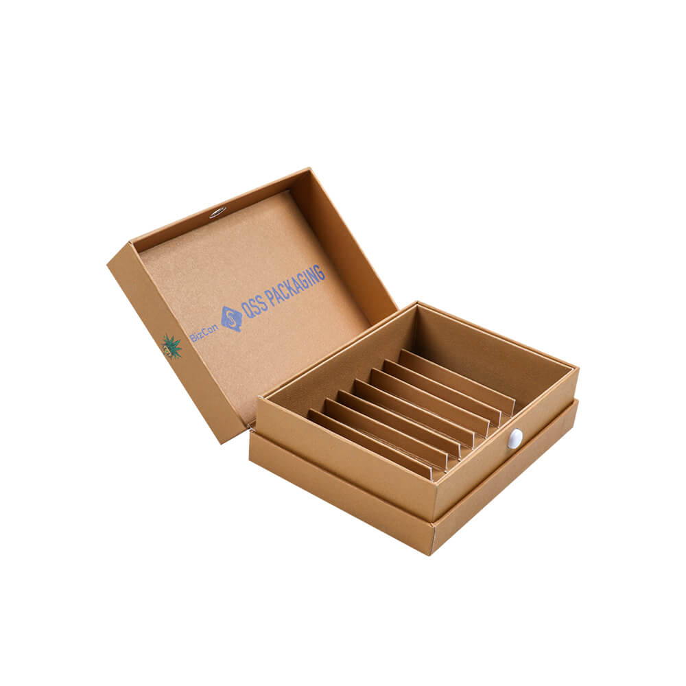 Open kraft custom cigar boxes showing internal paper separators and branding.