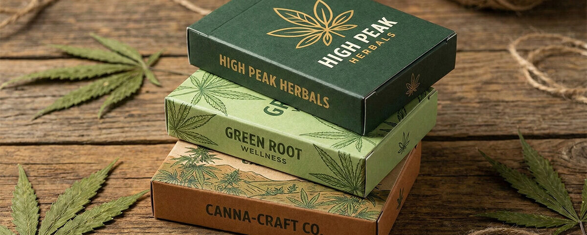 A stack of three custom printed tuck boxes for cannabis brands resting on a rustic wooden surface with hemp leaves.