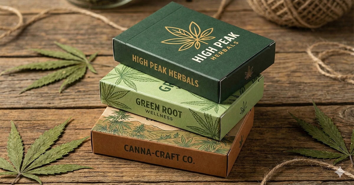 A stack of three custom printed tuck boxes for cannabis brands resting on a rustic wooden surface with hemp leaves.