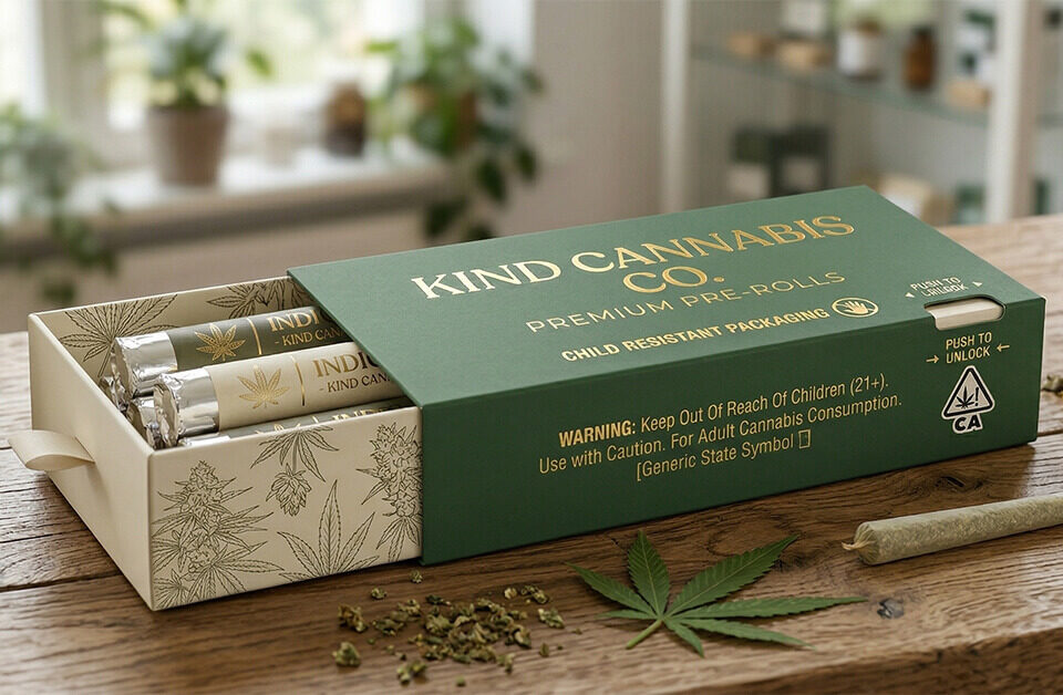 child-resistant cannabis packaging box for pre-roll packaging
