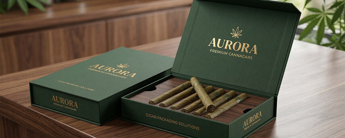 An open custom rigid paper cigar packaging box made of textured forest green paper with gold foil stamping and embossed branding reveals six natural leaf cannabis cannagars on a dark wood insert within a sophisticated dispensary background.